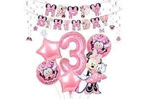 ANBOBILI Palloncini Compleanno, Palloncino Alluminio 3 Anni, Palloncini per Feste di Compleanno 3 Anni, Minnie Palloncini Decorazione con Palloncino Banner Spirale, per Decorazione Festa Compleanno Ragazza