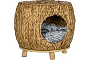 PawHut Wicker Cat House Stool for Rest, Rattan Kitten Bed for Indoor and Outdoor Use, Elevated Pet Bed with Soft Washable Cushion 44 x 43 x 41 cm