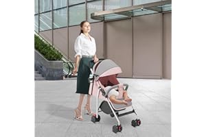 HUOLE Passeggino leggero e compatto da 0 mesi a 4 anni, capacità di carico massima di 25 kg, passeggino pieghevole, schienale reclinabile, pieghevole automatico in 1 passo, canopy-C-rosa