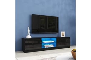 BESTWANTED TV Stand Cabinet Modern Black Gloss TV Stand Unit with LED Lights 160CM, 2 Doors, 2 Open Shelves LED TV Cabinet for Bedroom Living Room Home Furniture