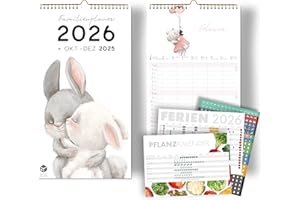 ‎SCHÖNE GÜTER Familienplaner 5 Spalten 2026 ILLUSTRATIONEN mit Sticker für Recycling Urlaub Ferienübersicht Familienkalender 2026 Wandplaner 23 x 43cm plus Okt-Dez 2025, plus Gemüsekalender, Liebe Tiere Freunde