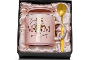 Doublewhale Mum Mothers Day Birthday Gifts, Birthday Gifts for Mum, Best Mum Gifts, 14Oz Pink Ceramic Coffee Mug with Gold Print, New Mum Gifts with Lid, Spoon, Greeting Card, Beautiful Gift Boxed