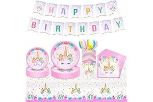 SUNSHINE SMILE Unicorno Party Kit Compleanno,114 Pezzi Stoviglie per Feste di Compleanno,16 Ospiti Unicorno Party Kit,Banner, Piatti,Tazza,Tovaglia,Tovagliolo di Carta per Bambini Feste di Compleanno Baby Shower
