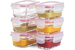 FINEDINE Superior Glass Baby Food Storage Containers 130ml(6-Pack) Airtight BPA-Free Locking Lids - Baby Glass Food Jars, Freezer, Microwave & Dishwasher Safe, Small Sauce Containers for Snacks & Dips