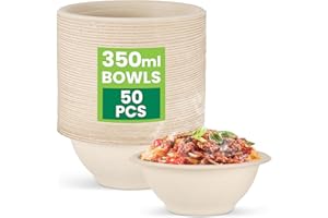 Hejo 350ML Cuencos de Papel, 50 Piezas Cuencos de Caña de Azúcar, Platos, Tazón de Papel, Tazón de Sopa Perfecto, Vajilla para Fiestas, Bodas, Picnics