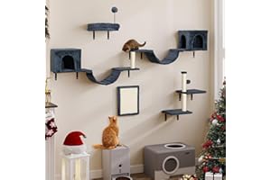 YITAHOME 8PCS Estante de Escalada para Gatos Montado en La Pared, Muebles de Pared de Madera para Gatos Árbol para Gatos con Postes Rascadores/Casa/Puente/Escaleras/Bola Colgante, Gris Oscuro