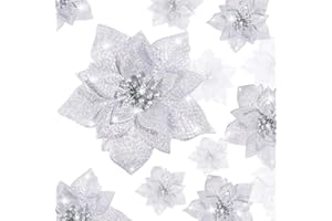 BOAO 24 Stück Funkeln Weihnachtsstern Künstliche Weihnachten Blumen Weihnachtsstern Dekorationen Hochzeit Weihnachtsbaum Ornamente, 3/4/ 6 Zoll (Silber)