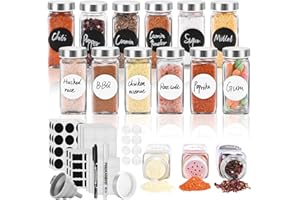 elagel Especieros Para Cocina 120ml,Cuadrado Tarros de Cristal con Tapa,Botes Para Especias con Tapones de Acero Inoxidable,12 Botes Especias con Embudo, Etiqueta