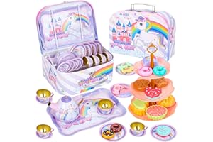 Hovetne 33 PCS Tea Set for Toddlers, Kids Tea Party Pretend Play Toy with Dessert Toy, Childrens Tin Play Tea Set for Girls Aged 3 4 5 6 7 8, Unicorn
