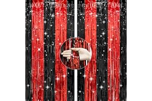 G2PLUS Błyszczące zasłony lametowe, czerwone, czarne, metaliczne do imprez i kasyna, 2 sztuki