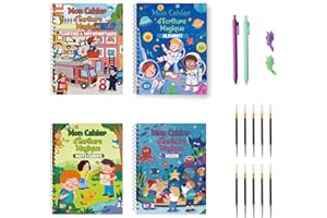 BAZAR & CO BAZAR&CO Lot de 4 Cahiers D'Écritures Magiques Pour Enfants En Français + 2 Stylos + 8 Recharges + 2 Grip + 1 Pochette Calligraphie +3 Ans,Maternelle, CP, CE1, CE2 (Nouvelle Version)