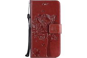 Fatcatparadise LG K8 2017 Case[With Tempered Glass Screen Protector], [Kickstand] Retro Flip Case, Elegant Pressed Tree Cat Butterfly Pattern Design PU Leather Protective Case for LG K8 2017(Coffee)