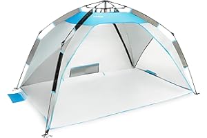 OUTTEC Aéré Tente de Plage, Tente de Plage avec Sac de Transport, avec Poches de Sable, pour Famille Plage, Camping, Jardin, Protection Solaire (Bleu-Gris)