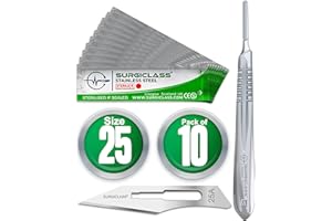 SURGICLASS Skalpellklingen Figur 25 aus Edelstahl 10 Stück steril + Skalpell-Halter - Edelstahl Perfekt für Holzkunst, Chirurgie, Bildhauerei, Laboranatomie, Kartenherstellung, Labortraining SURGIGR25-10