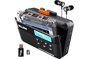 Cassette Player KLIM K7 - Lecteur Cassette Audio - Convertisseur Audio en MP3 - Microphone et Haut-Parleur intégrés - Batterie Rechargeable - Ecouteurs - Carte SD 16GB - Noir-Orange