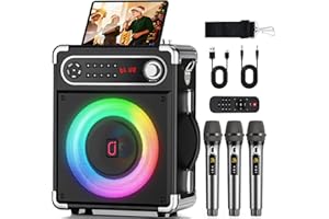 JYX Karaoke Machine with 3 Wireless Microphones, Portable Bluetooth Speaker with Echo Effect, Bass Treble Adjustment, Disco Lights, Support SD Card/USB/AUX/TWS/TV/FM/REC for Home Party Outdoor