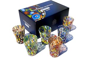 MAZZEGA ART & DESIGN - 6 Bicchieri Bibita in Vetro Soffiati e Lavorati a Mano con Murrine Murano Raffinati e Originali - I Colori di Murano - Modello “Bibita 390 ml. Made in Italy (MIX+BOX)