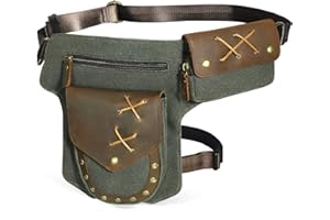 Handadsume Tela Resistente All'acqua + Vera Pelle Moto Equitazione Travel Coscia Borsa per Gambe Marsupio in Vita Per Gli Uomini Donne FB211-8 (A-Verde)