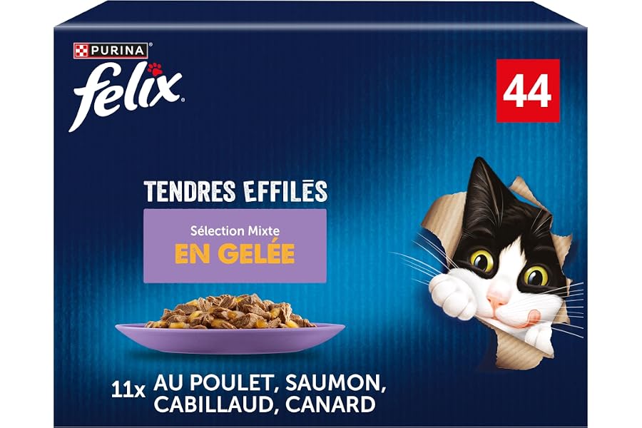 FELIX | Tendres Effilés | En Gelée | Chat Adulte | Recette 100% Complète et Equilibrée | Sélection au Saumon, Poulet, Canard 