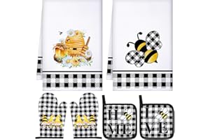 Bencailor 6 Pcs Bee Kitchen Decor Kitchen Towel Oven Mitts and Potholder Set Gnome Christmas Pot Holder Dish Towel Heat Resistant Hot Pad for Cooking (Bee)