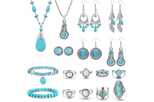 JeweBella Bohemia Turquesa Juego Joyas para Mujer Bohemio Collar Colgante Pendientes de Plumas Turquesa Boho Cuentas Cuero Pulsera Nudillo Anillo Apilable Conjuntos de Bohemia Occidental Joyería