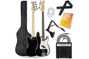 3rd Avenue Full Size 4/4 Electric Bass Guitar Beginner Pack Kit with 15W Amplifier, Bag, Cable, Strap, Stand and Spare Strings - Black