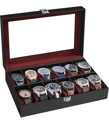 Organizer Orologi Con Specchio TWBEST Scatola Porta Orologi Da 12 Con Specchio - Organizer In Pelle Nera Con Cuscinetti Rimovibili Custodia Orologi Di Lusso