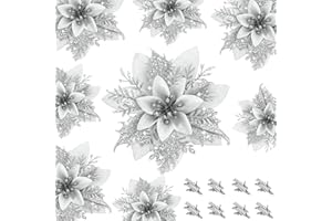Filltown 16 Stück Weihnachten Glitzer Weihnachtsstern Blumen mit Clips, Künstliche Baumschmuck Weihnachten Blumen, Glitzer Kunstblumen Deko für Hochzeiten, Weihnachtskränze und Homeparty (Silber)