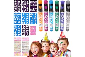 TOPJOWGA 6 Piezas Rotuladores Tatuajes Temporales, 9 Piezas Tatuajes Plantillas, Tatuajes Temporales Niños Tattoo Purpurina, Rotuladores Tatuajes Niños para Fiesta Cumpleaños Halloween