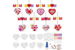 Landifor 16pcs Mother's Day Craft for Kid Stained Glass MOM & Heart Suncatcher Ornament Gift for Mummy from Daughter Son Mothers Day Window Art Decoration Present for Mum on Mother's Day