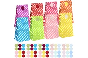 XREE 50 Sztuk Torebek na Prezenty Urodzinowe dla Dzieci - Papierowe z Naklejkami, Kraft, na Słodycze, Imprezy, Wesela (9 x 18 x 5,5 cm, Kropki)