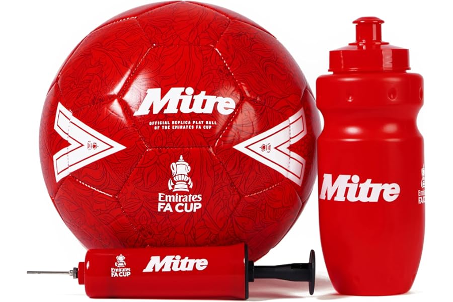 Mitre Emirates FA Cup Official Football Gift Set | Size 4 Red Football, Mini Pump & 500ml Water Bottle | Training Ball for Kids & Football Fans Set Box, Red/White, 4 UK