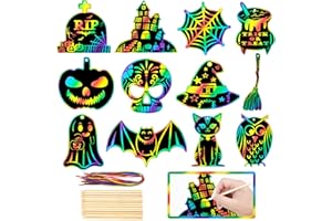 GOMANCHE 48 Pieces Halloween Scratch Crafts for Kids, DIY Rainbow Magic Design Paper, Bat Pumpkin Haunted House Arts and Crafts Ornaments for Party Favors, Holiday Decoration