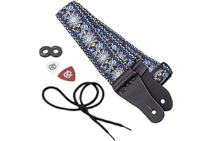 KLIQ MUSIC GEAR KLIQ Sangle de guitare vintage tissée pour guitare acoustique et électrique | Style Hootenanny jacquard des années 60 | 2 verrous de sangle en caoutchouc inclus (Classic-Hendrix Blue)