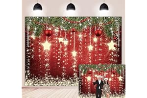 WANGRJ Toile de Fond de Noël Rouge avec étoiles étincelantes et Boule de décoration Rouge pour Photographie, Nouvel an, Enfants et Adultes, décoration de fête d'anniversaire 2,4 x 1,8 m