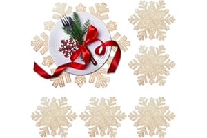 ROUHUHURA Snowflake Placemats Set of 6,15inch Christmas Placemats Decorations Table Mats Hollow Out Design Round Place Mats Dining Table Setting Kitchen for Christmas Holiday Wedding(Gold)