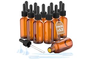 LG Luxury & Grace Lot de 12 Bouteilles Compte-Gouttes, 50 ml. Compte-Gouttes en Verre Ambré. Bouchon à Visser et Pipette en Verre. Flacons Rechargeable: Aromathérapie, Huile, Laboratoire.