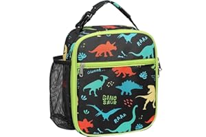 Bagseri Lunch Bag for Kids, Insulated Lunch Bag for Boys, Portable Lunch Cooler Bag for School, with Bottle Holder, Water-Resistant Lining, Black Dinosaur