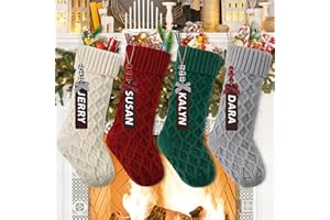 LOMOHOO 4er Set Weihnachtsstrumpf Personalisiert 46cm große Gestrick Nikolausstrumpf mit Namensschild, Klassische Christmas Stocking Weihnachtssocken zum Aufhängen Weihnachtsdeko für Kamin Baum