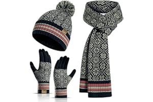 INSISMY Hat Scarf Gloves Set Women's Beanie Hat Long Scarf Thermal Touch Screen Gloves Set 3 PCS Soft Warm Winter Knitted Snowflake Pattern Retro Pom Cap Set for Ladies Men