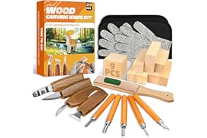 KERNOWO Carving Tools Kit, 23PCS Whittling Kit, Includes 4 Wood Carving Knives, 5 Detail Knives, 9 Basswood Blocks, Strop Block, Polishing Compound, PU Bag & Gloves