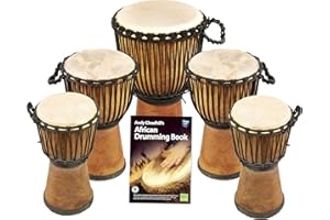 Drums for Schools African Drumming Djembe Dum Set - 5 Handmade Natural Mahogany Wide Top Djembe Drums and African Drumming Book by Andy Gleadhill. Perfect for Schools and Music Groups