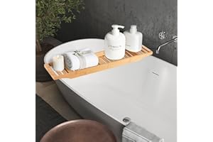 Vencier Foldable Bamboo Bath Tub Rack – Adjustable Bathroom Shelf, Tidy Tray & Storage Caddy Organiser for Relaxing Spa Bath (Natural)