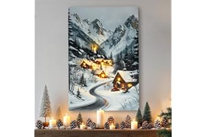 Spetebo Weihnachts Wandbild mit LED Beleuchtung Batterie betrieben - 58 x 38 cm - Winterdorf Leinwandbild warm weiß beleuchtet - Weihnachten Advent Winter Bild Wanddeko Weihnachtsbild Fotodruck
