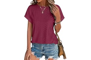 TOMATOFRYDAN Bluse Damen Sommer Tshirt Elegant Kurzarm Top Lässige Lochstickerei Oberteil Kleidung Casual Shirts Rundhals Sommerblusen Tunika