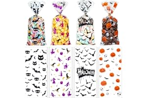 RICEDUO Halloween Cellophane Treat Bags, 100 Pieces Halloween Clear Candy Bag Sweet Candy Gift Bags with Twist Ties, Halloween Goodie Bags for Kids Halloween Party Supplies