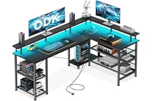 ODK Scrivania Gaming con LED, Scrivania d'Angolo Reversibile con 2 Prese e 2 Porte USB, Grande Scrivania Gaming Angolare con Ripiano in Rete, Nero 150×102 cm