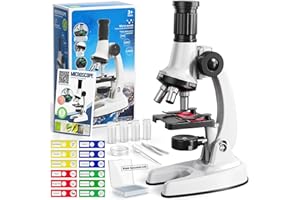 KUKUFUN 65 Pieces Microscope Kit for Kids Ages 5-7 8-13, 100X-1200X Magnification with 7 Colors of LED Lights and 12 Prepared Slides, Science Experiment STEM Kits for Boys and Girls Age 8-12 Years