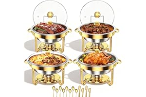 EffiQ-Rate 4 Stück Gold Edelstahl Chafing Dish Buffet Set, 5 QT Rund Speisenwärmer Buffet Server mit Klarer Deckel und Küchenutensilien, Wärmebehälter für Partys und Catering Veranstaltungen