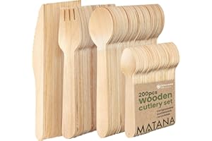 MATANA - Jednorazowy zestaw drewnianych sztućców, 200 sztuk jednorazowych sztućców - alternatywa dla plastikowych sztućców, jednorazowych sztućców na imprezy, takich jak sztućce bambusowe, zestaw